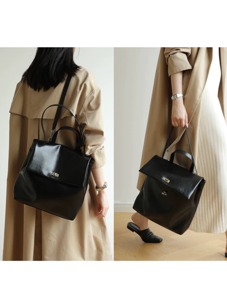 微信图片_20250224152439 Cowhide backpack female large capacity black work commuter backpack tote bag - Image 1